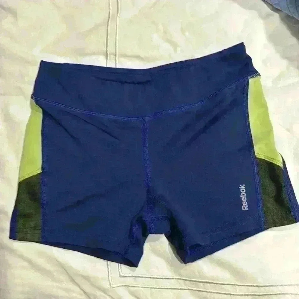 Reebok Kids Blue Athletic Bike Shorts with Lime Green Mesh Panels M 10/12